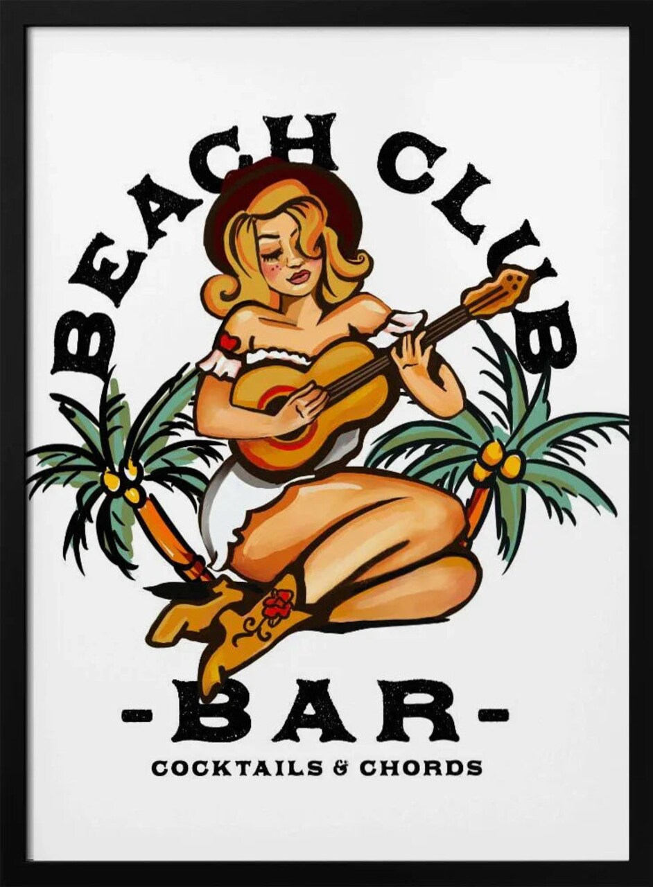 Sailor Jerry Style Pin-Up Girl Playing Guitar - Framed 24x36 Beach Club Bar Art for Home or Office